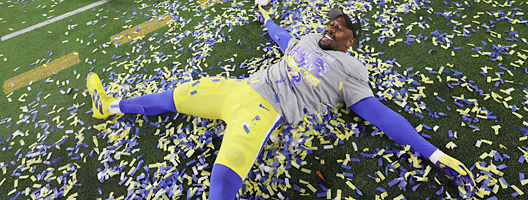 Von Miller, of the Los Angeles Rams, celebrates amid the confetti after his team's Super Bowl win