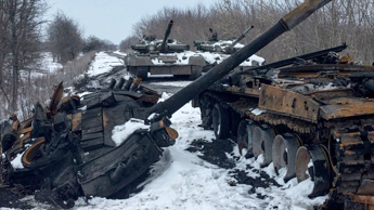 A charred Russian tank and captured tanks are seen, amid Russia's invasion of Ukraine, in the Sumy region