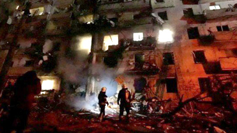 A bombed apartment block in Kyiv