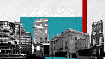 Promotional image for coverage of Pandora Papers UK property revelations, showing UK buildings on a pale blue and white design