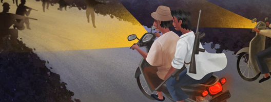 An illustration of a father and son on a motorbike, resistance fighters riding towards the Myanmar army