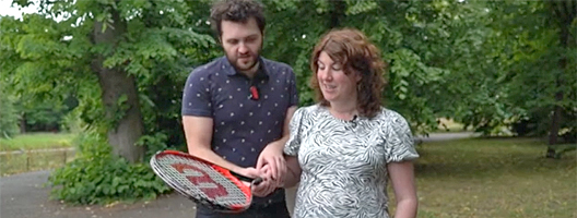 Blind tennis player Reece Finnegan shows Access All podcast host Emma Tracey how to play