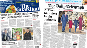 Composite image featuring the Guardian and Daily Telegraph front pages