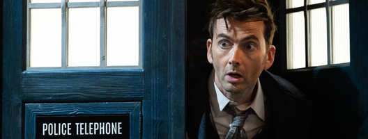 David Tennant emerges from the Tardis, in Doctor Who