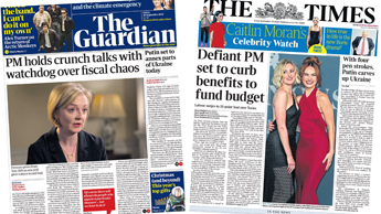 Composite image featuring Guardian and Times front pages
