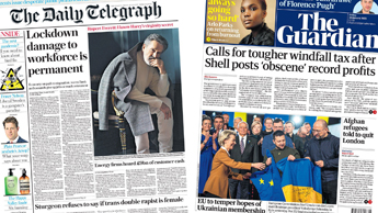 Composite image featuring the Guardian and Telegraph front pages