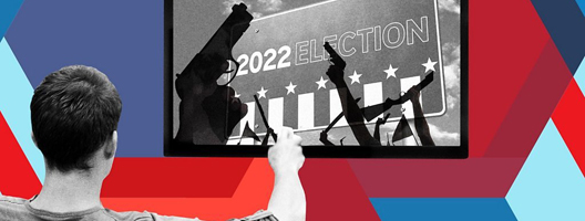 Graphic depicting a man watching a political advert