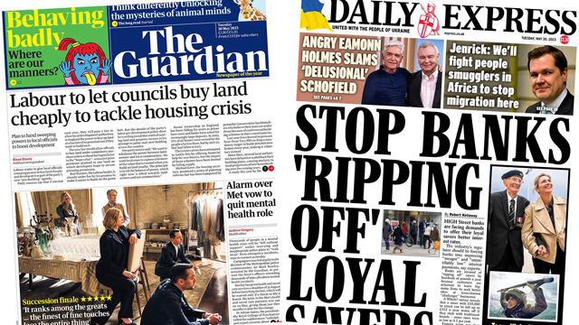 Composite image featuring the Guardian and Daily Express front pages