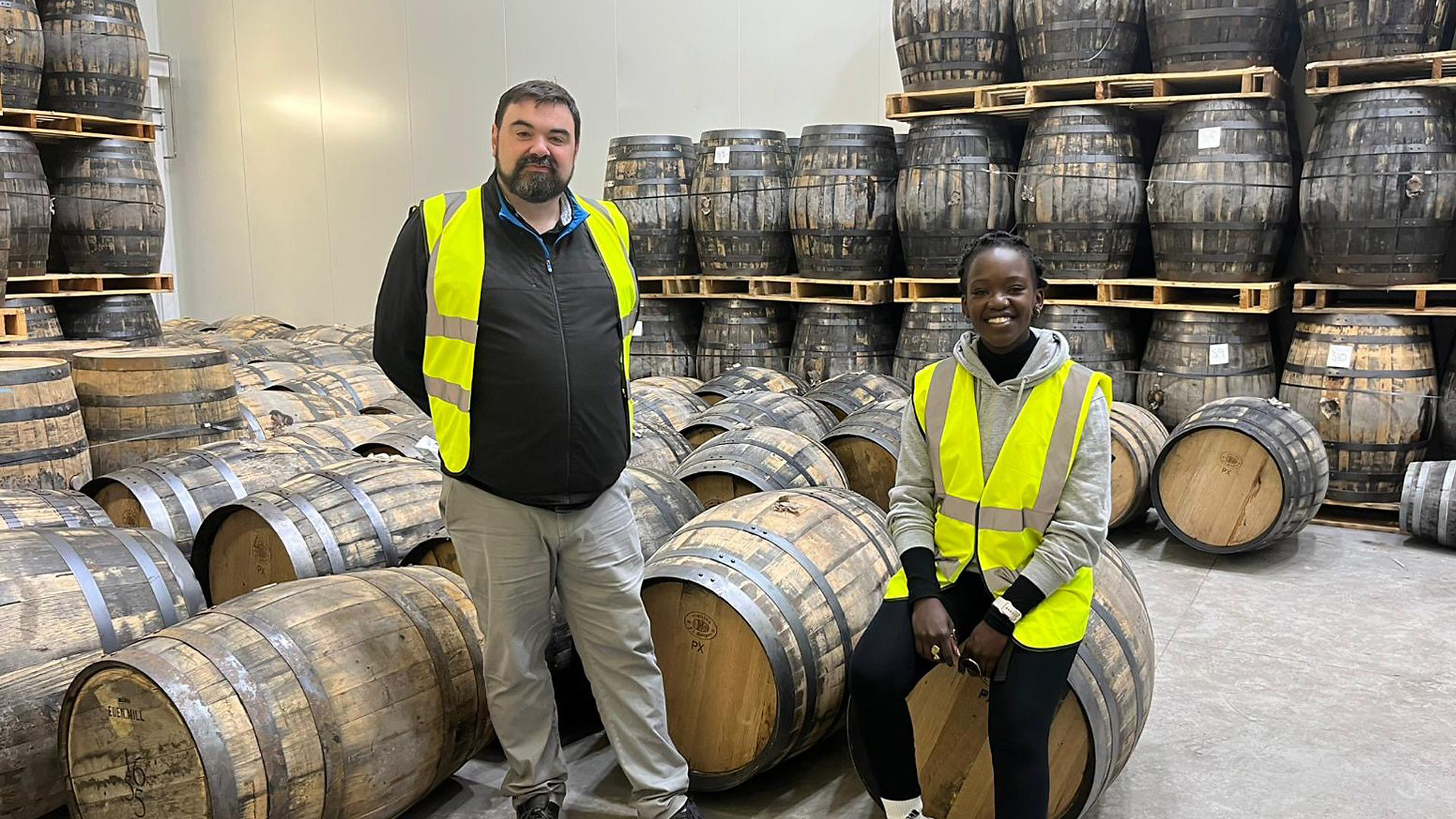 Myra Anubi with Euan Kinninmonth at the Eden Mill distillery, St Andrews, Scotland (Credit: BBC)