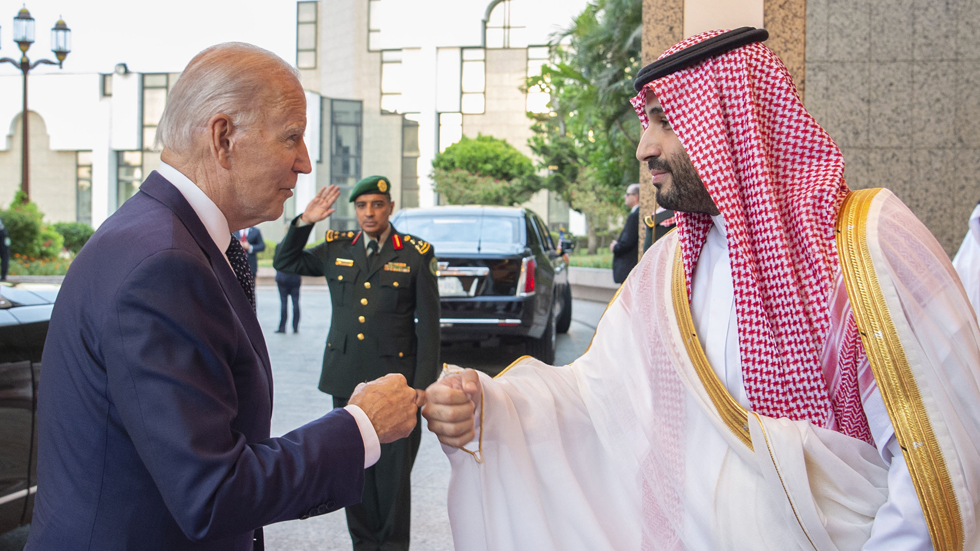 Crown Prince Mohammed bin Salman Al Saud fist-bumps President Joe Biden, Jeddah, Saudi Arabia, 15 Jul 2022 (Credit: Bandar Aljaloud/Handout via EPA)