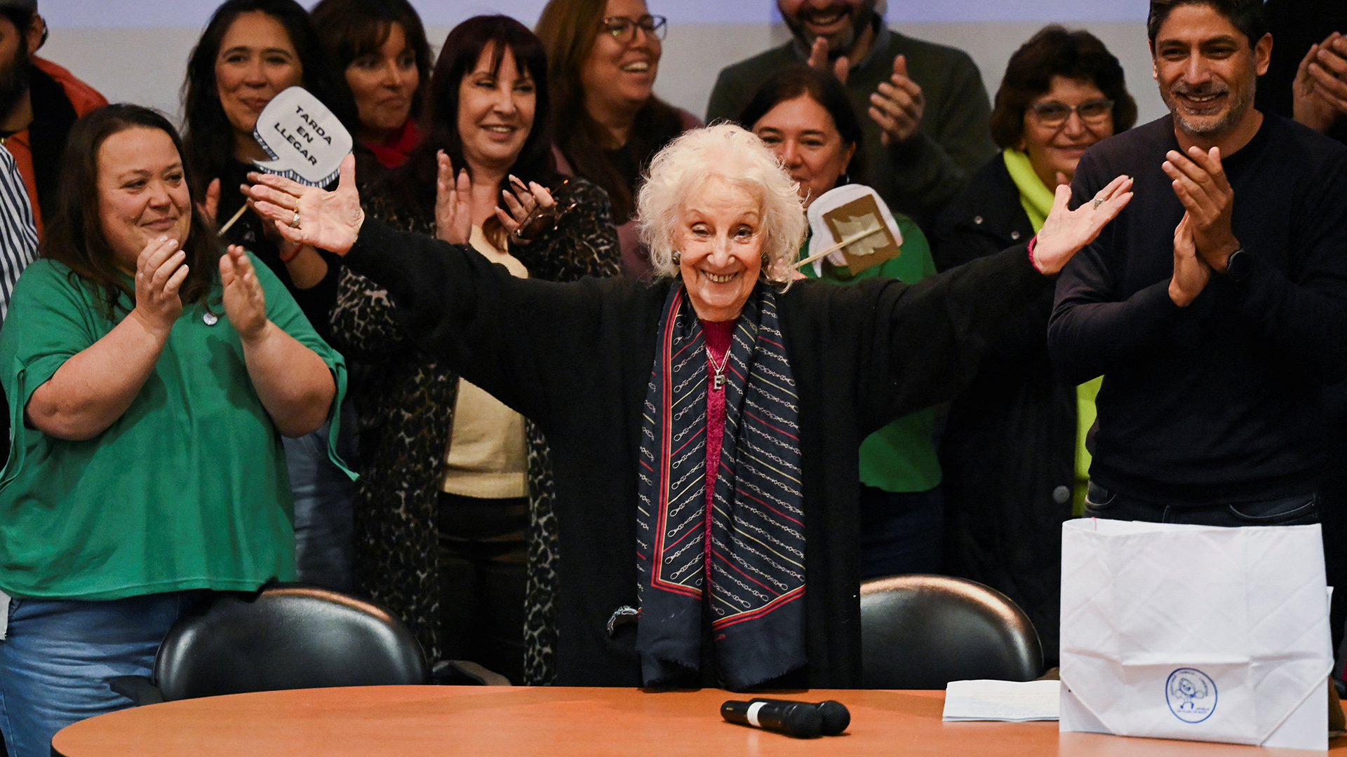 Estela de Carlotto, president of the human rights organization Abuelas de Plaza de Mayo, gestures during a press conference in Buenos Aires on 7 July 2025 (Credit: Martin Cossarini/Reuters)